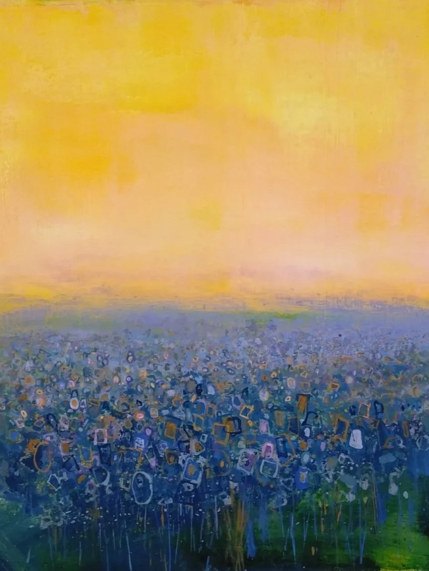 Abstract landscape painting with a large yellow-orange sky and a field of purple and blue flowers in the foreground.