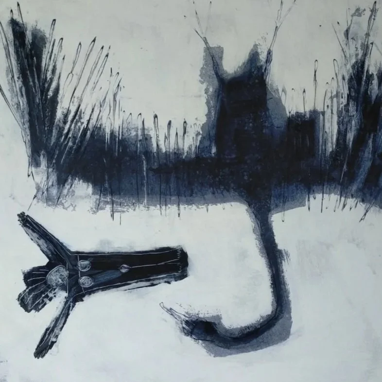 Abstract black and white painting resembling a dog's face, focusing on the nose and mouth, with splashes and streaks of paint.