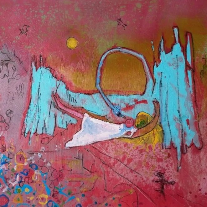 Abstract painting with a pink background, blue and white shapes, yellow circles, and scattered blue, yellow, and pink dots.