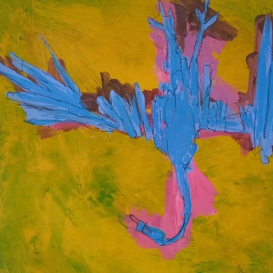 Abstract painting of a blue bird with pink and yellow background.