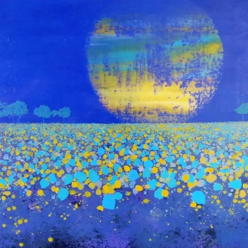 An abstract painting of a blue sky with a glowing yellow and green sun, yellow and blue flowers in the foreground, and a few distant blue trees.