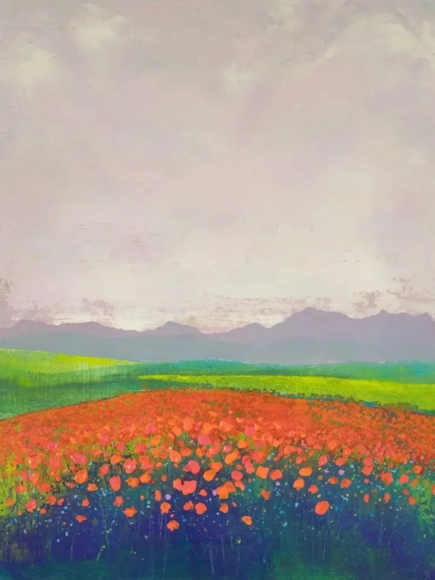 A colorful painting of a landscape with a field of orange and pink poppies, green rolling hills, and distant mountains beneath a cloudy sky.