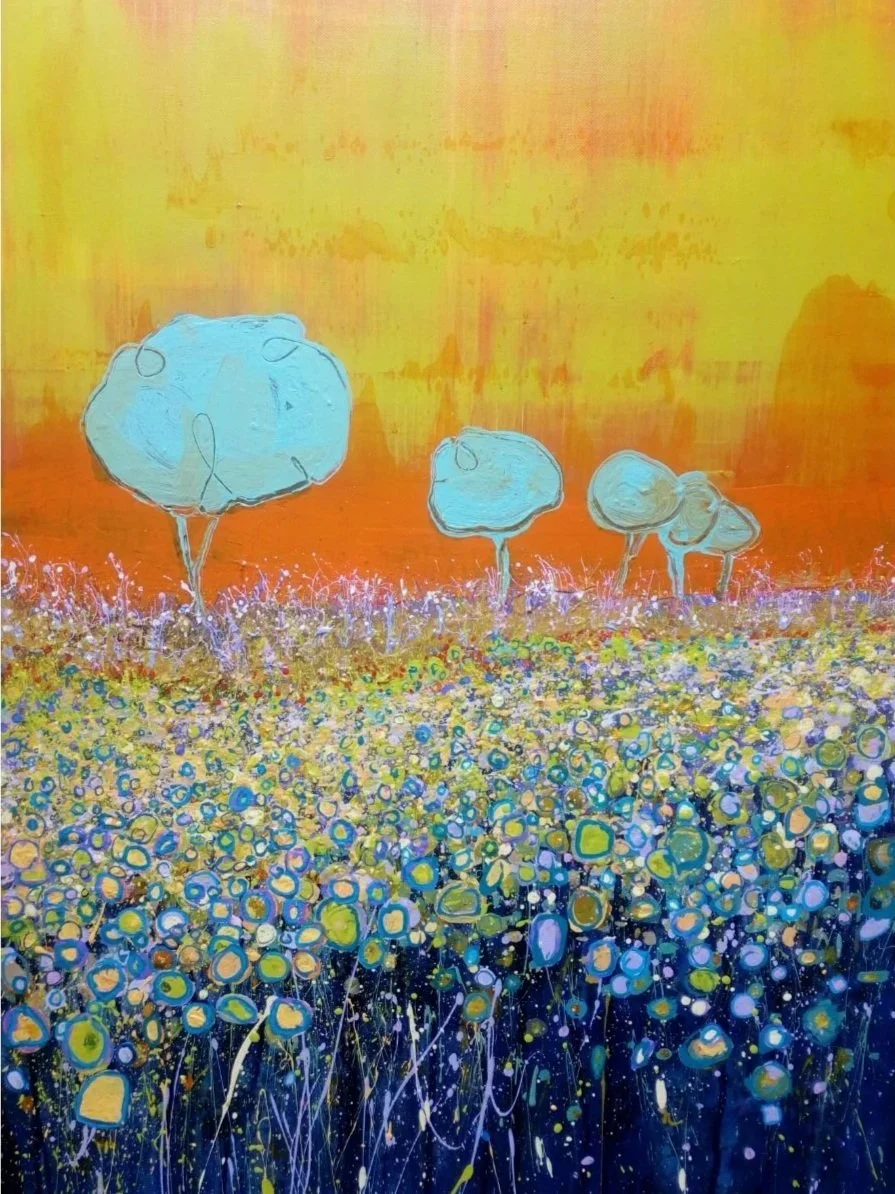 A colorful abstract painting of a field with three stylized trees and a sunset sky in the background.