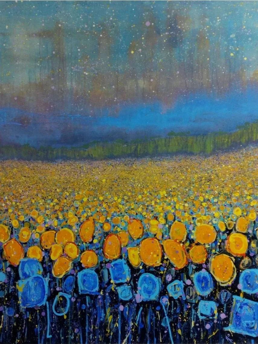 A colorful painting of a large crowd of people, mostly wearing yellow hats, facing towards a city skyline under a starry night sky.