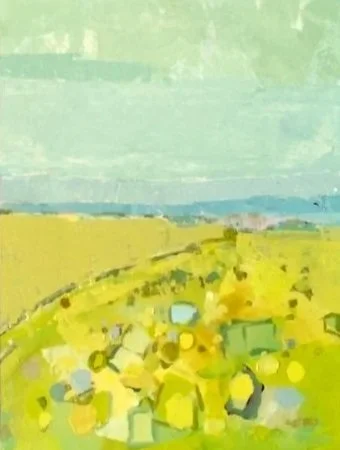 Abstract landscape with green, blue, and yellow tones.