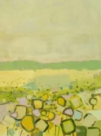 Abstract painting of a field with abstract shapes in yellow, green, purple, and blue colors under a pale sky.