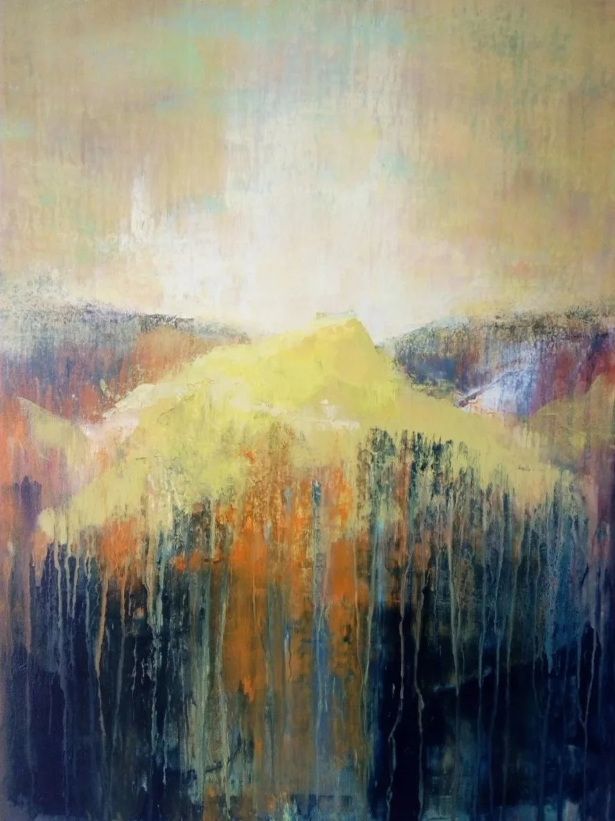 Abstract landscape painting with a yellow mountain and a reflection in water, with muted pastel and dark colors.