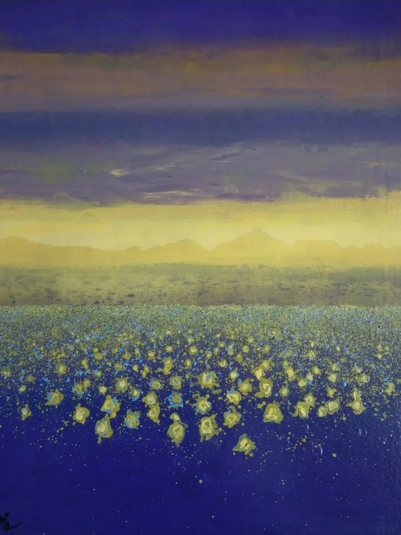 A surreal landscape painting featuring a field of abstract yellow flowers with a dark blue foreground, a yellow-tinged middle ground, and a sky with dark blue and purple clouds at sunset or dusk.