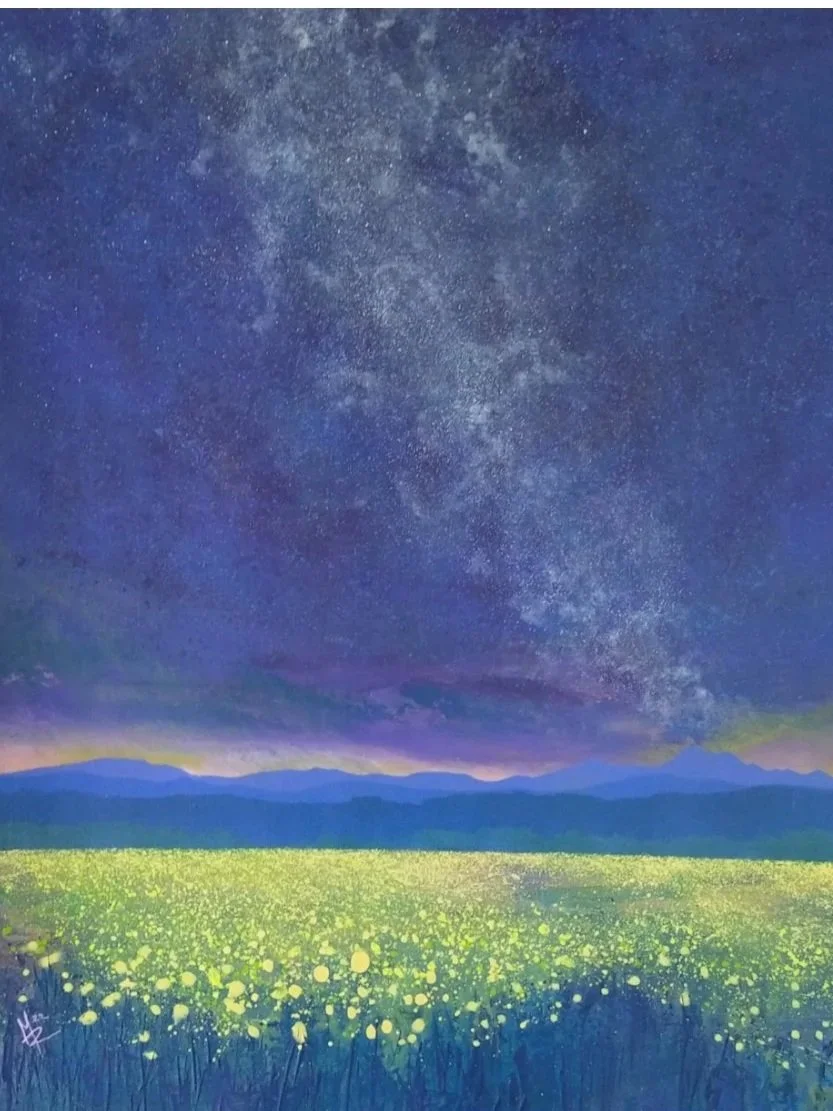 A painting of a starry night sky over a field of yellow flowers with distant mountains.