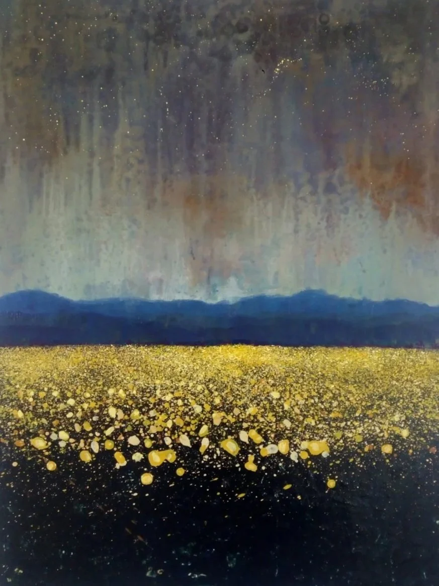 A landscape painting featuring a starry night sky, distant mountains, and a field of yellow flowers in the foreground.