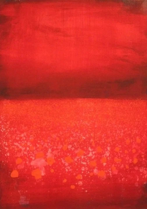 Abstract red-themed acrylic painting with a gradient background and scattered dot pattern