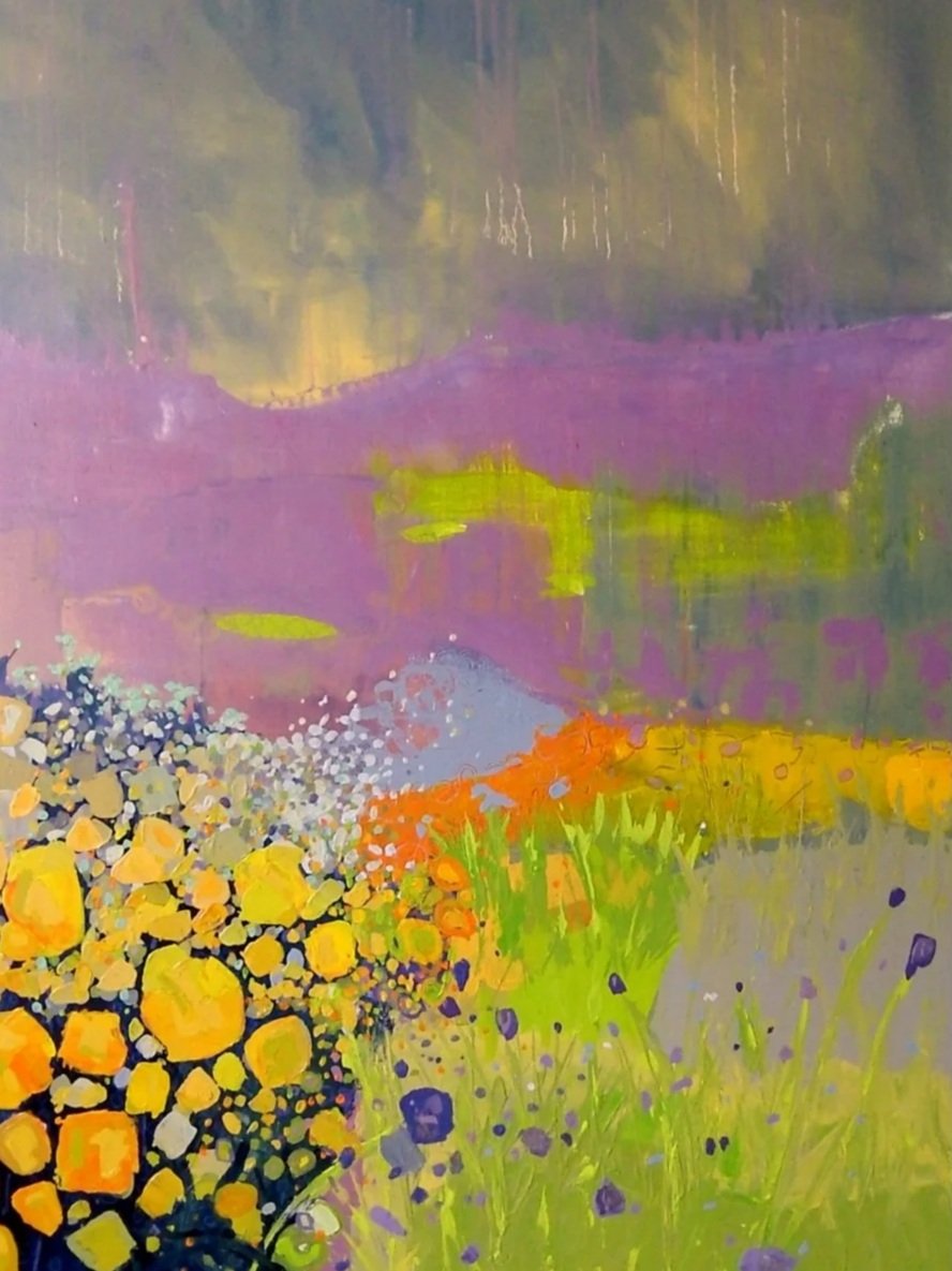 A colorful abstract painting of a landscape with purple fields, green grass, and clusters of yellow and orange flowers in the foreground, with a cloudy sky overhead.