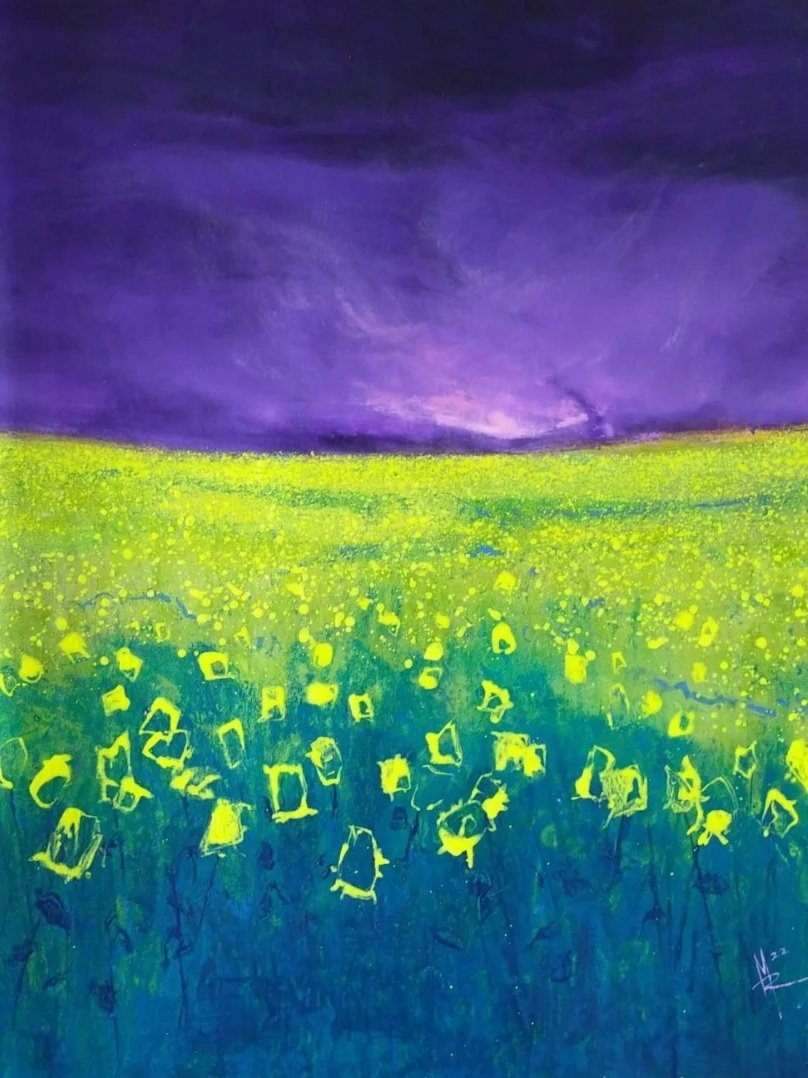 An abstract painting of a vibrant field with yellow flowers under a dramatic purple and dark sky.
