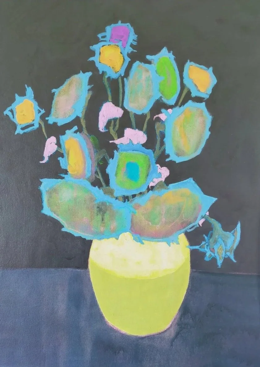 Colorful abstract painting of flowers in a yellow pot against a dark background.