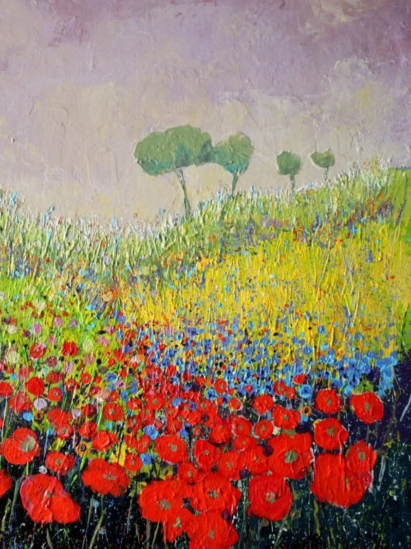 An impressionist-style painting of a colorful field of wildflowers with green trees in the background and a purple sky.