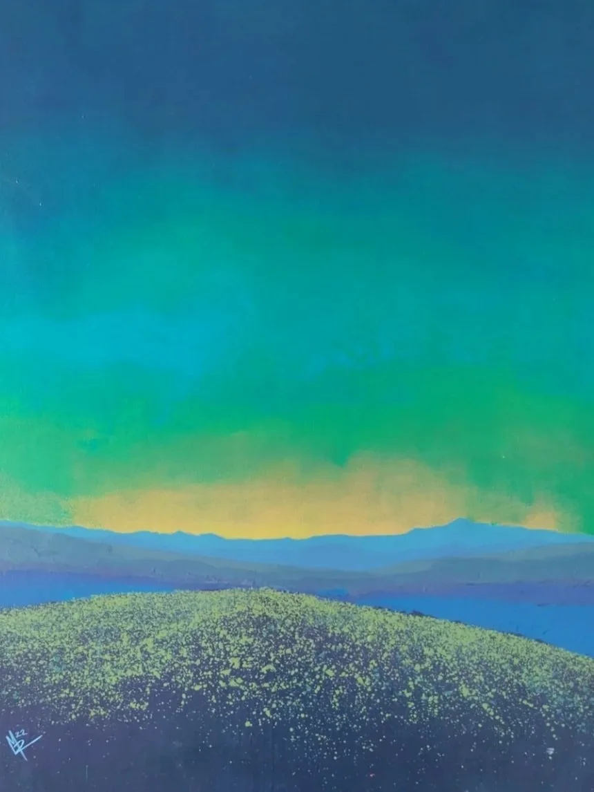 Painting of a landscape with a blue and green sky, distant mountains, and a grassy foreground with yellow specks.