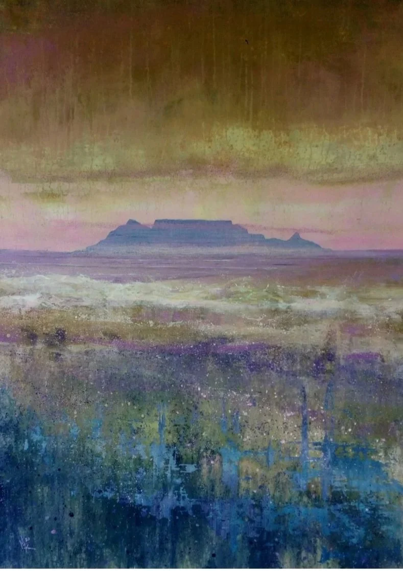 Watercolor painting of a landscape with a flat-topped mountain in the distance, colorful sky, and abstract foreground in tones of purple, blue, green, and pink.