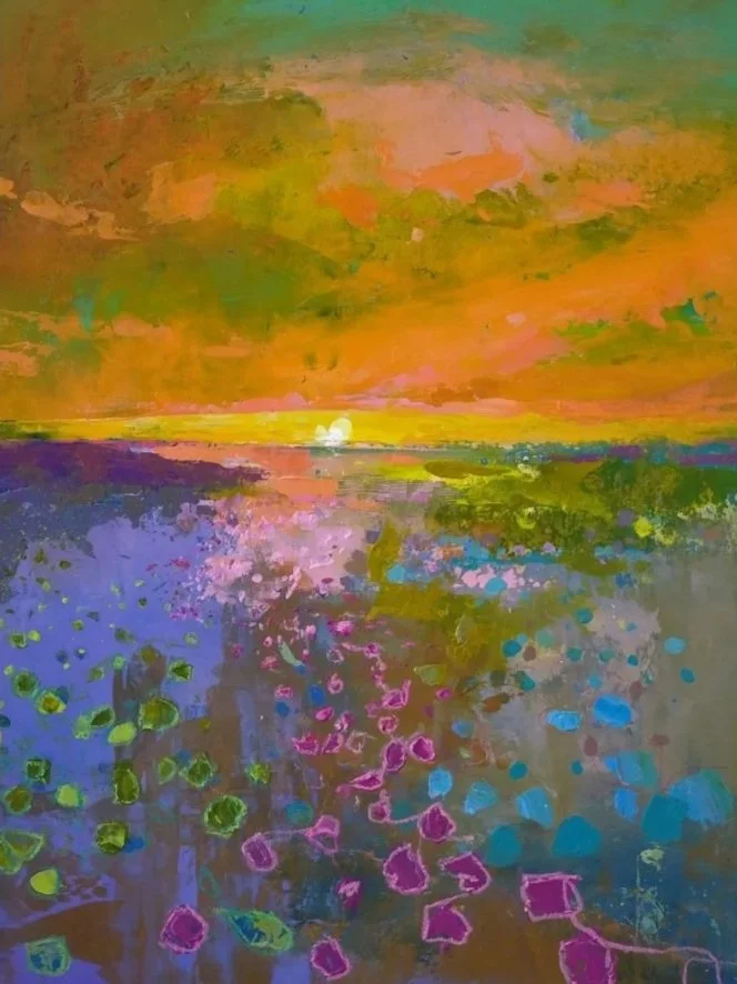 Abstract landscape painting with a colorful sunset over a lake, featuring hues of orange, pink, purple, and green with lily pads in the water.