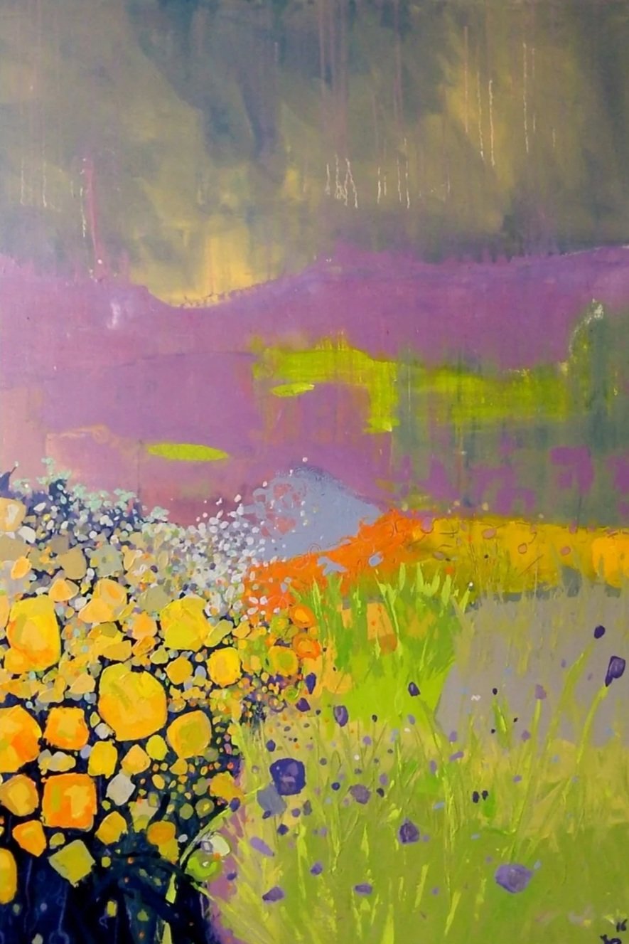A colorful abstract painting of a landscape with purple fields, green grass, and clusters of yellow and orange flowers in the foreground, with a cloudy sky overhead.