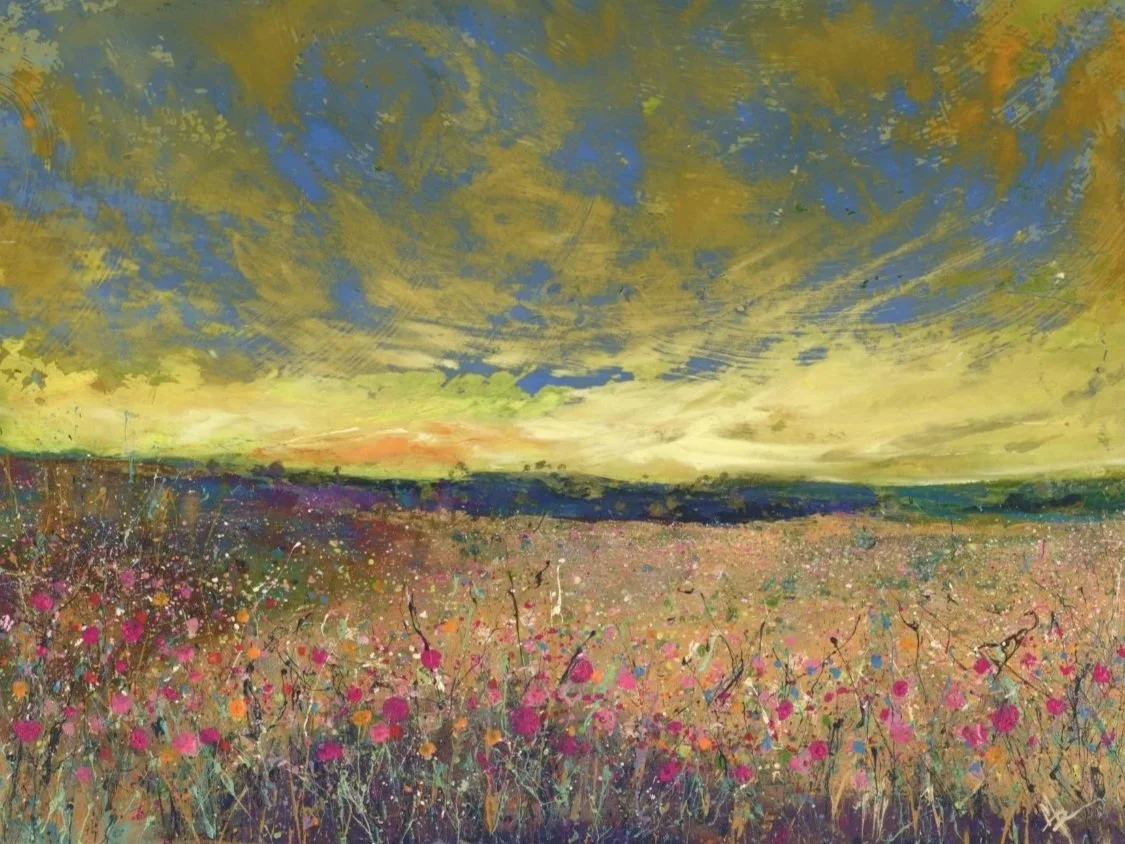 Abstract landscape painting of a field with pink flowers under a cloudy sky at sunset.