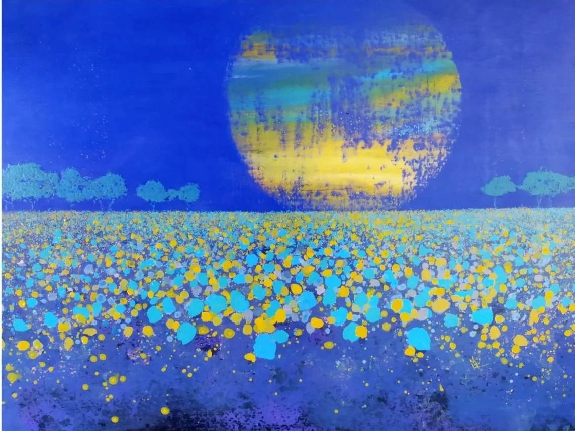 Abstract painting of a large yellow sun with a greenish-blue halo, shining over a blue field with yellow and blue dots, with three stylized blue clouds and a blue sky.