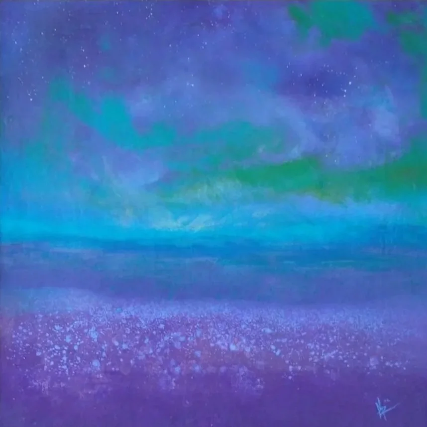A painting of a night sky with stars, with shades of blue, purple, and green, and a faint silhouette of water or land at the bottom.