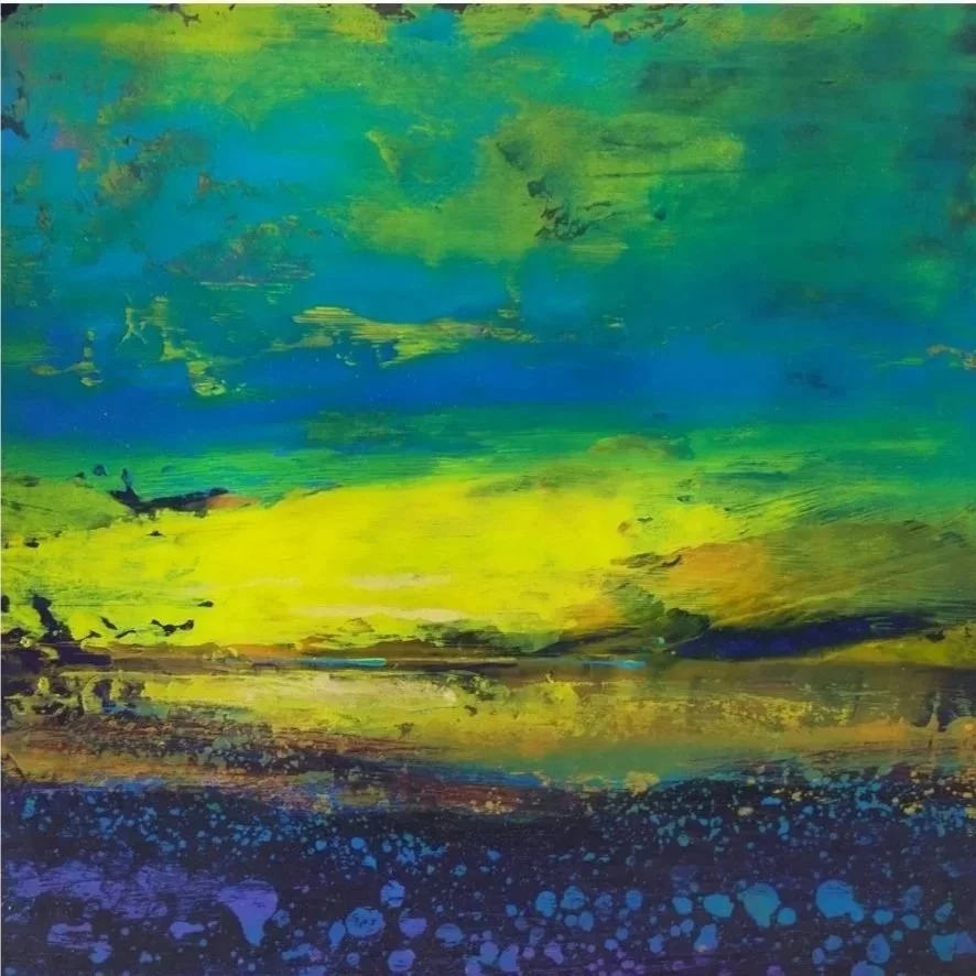 Abstract landscape painting with shades of green, blue, yellow, and purple, depicting a stylized sunset or sunrise over a body of water.