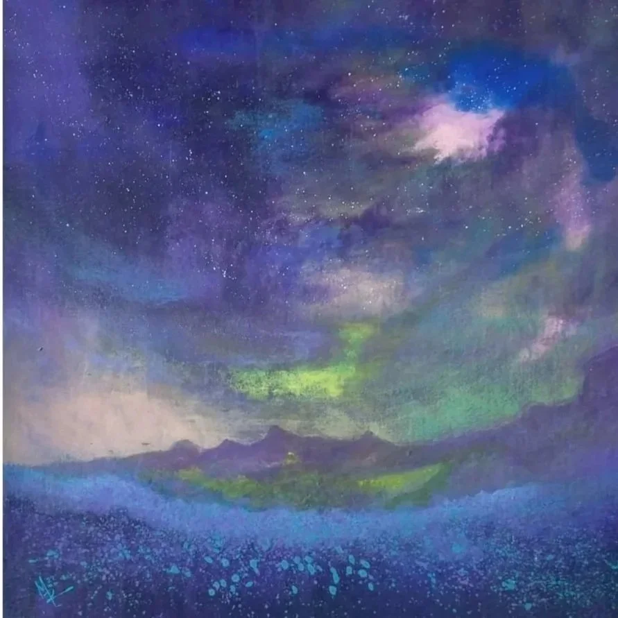 A painting of a starry night sky with the Milky Way galaxy, vibrant colors, and a mountain landscape below, featuring shades of blue, purple, and green.