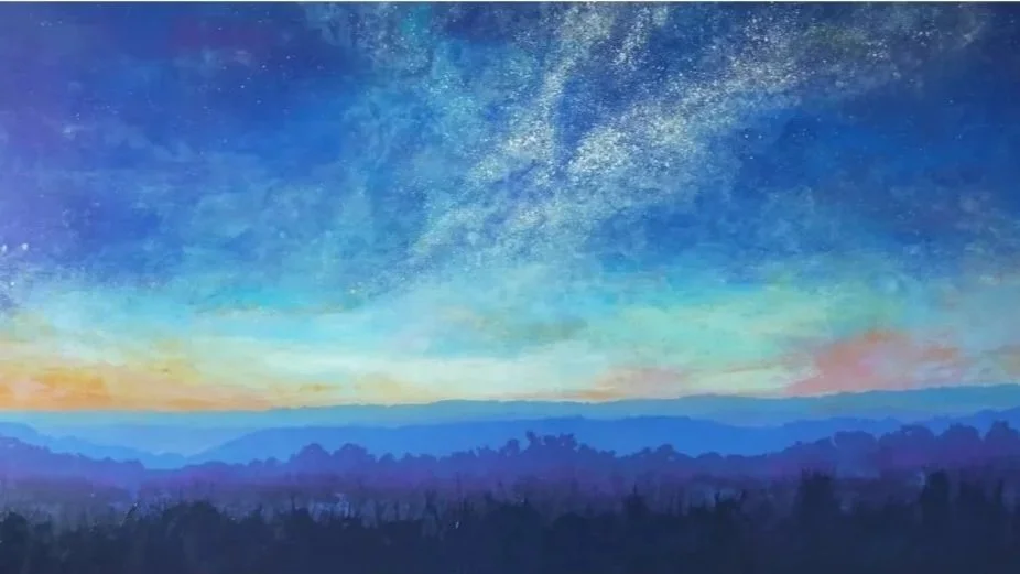 Painting of a night sky with stars over a mountain landscape at dawn, featuring a gradient of colors from dark blue to light orange.