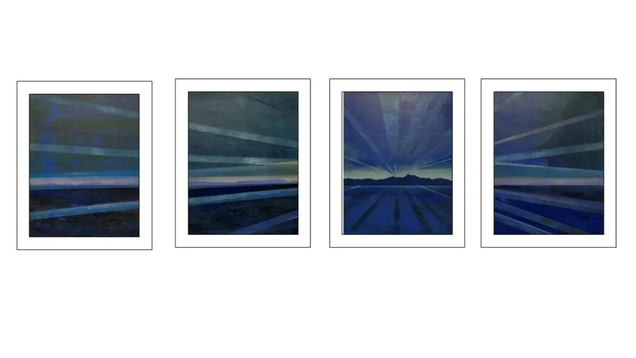 Abstract digital art depicting a landscape with rays of light radiating from the horizon, over distant mountains and a dark foreground.