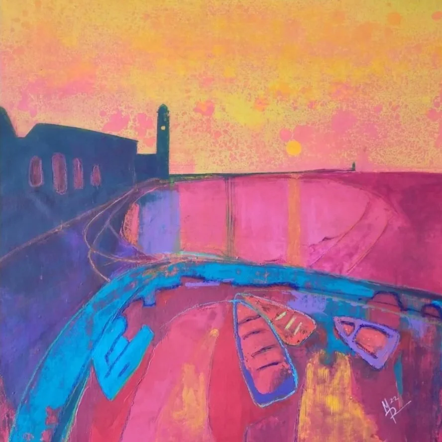 A colorful abstract painting of a cityscape with a waterway, boats, a building, a bridge, and a sunset sky in pink, purple, blue, yellow, and orange hues.