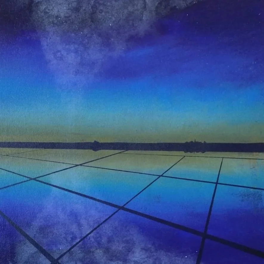 Night sky with stars and the Milky Way galaxy above a tiled reflective surface, possibly a swimming pool or glass floor.