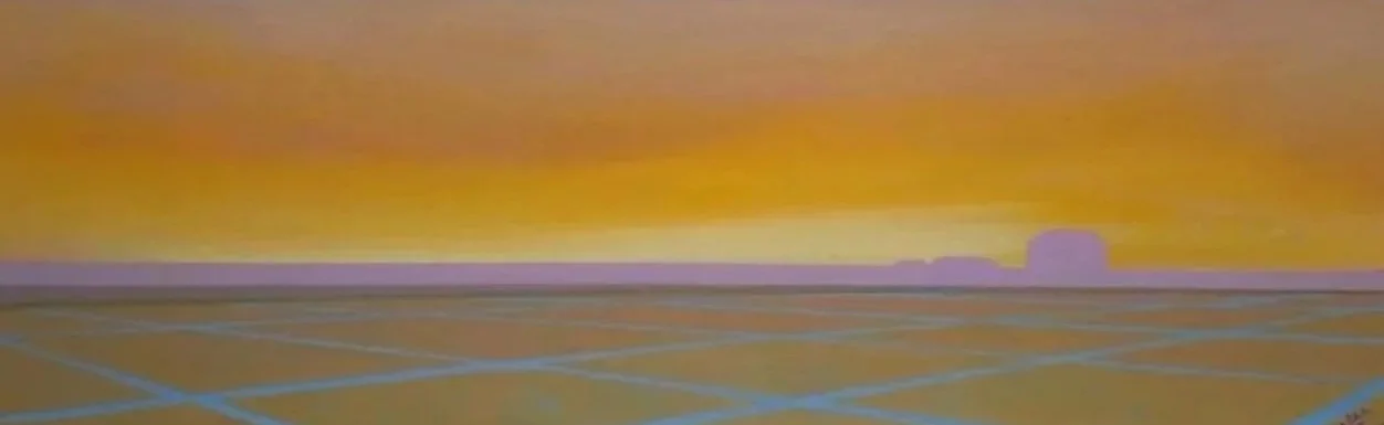Empty parking lot at sunset with purple and orange sky, distant buildings