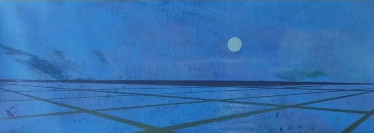 Minimalist painting of a blue sky with a full moon and intersecting dark lines on a blue background.