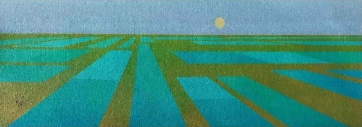 Colorful landscape with lines of water and land, sunset in the background, abstract style.