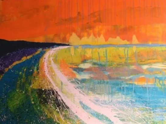 Abstract landscape painting of a colorful beach scene with orange sky, black mountains, and a curving shoreline with waves in shades of white, pink, yellow, blue, and green.