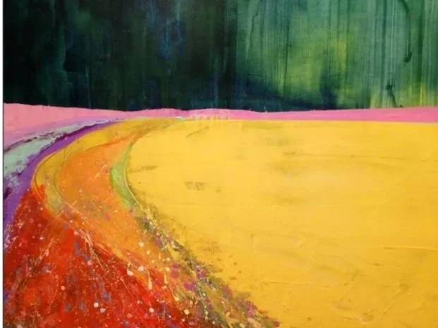 Abstract colorful painting with a winding path, green trees in the background, and splashes of pink, purple, orange, and yellow.