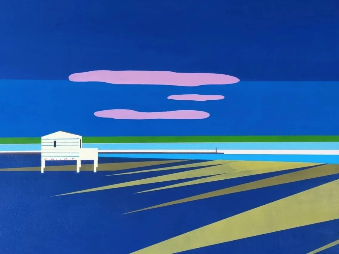 A stylized landscape featuring a white beach house with a sign that reads "CAMPING" on a grassy area, a body of water, a shoreline, and a sky with three pink clouds at dusk or dawn.