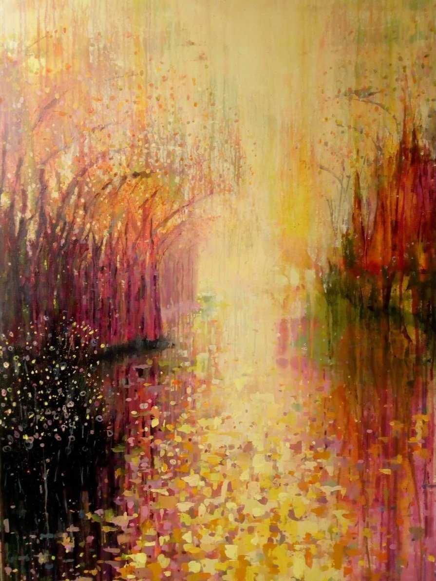 An abstract painting of a colorful lakeside scene with trees reflected in the water during autumn.