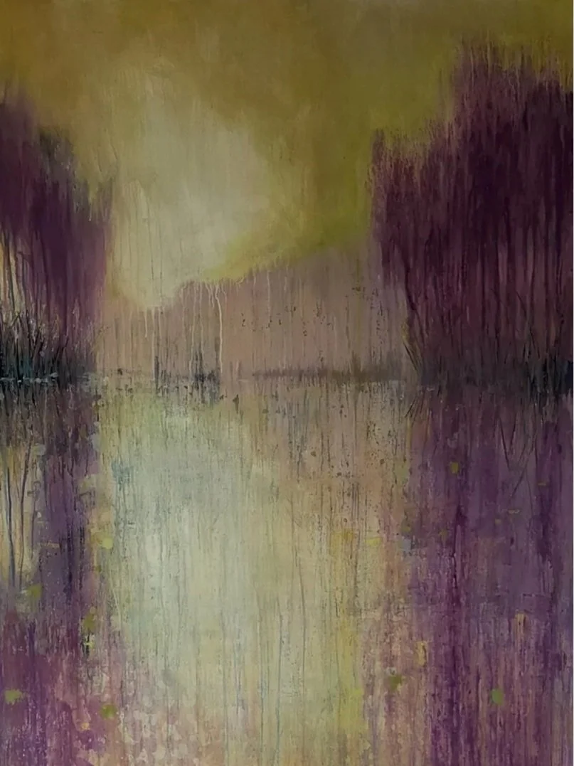 Abstract landscape painting with a water reflection scene, featuring purple trees and a yellow-green sky.