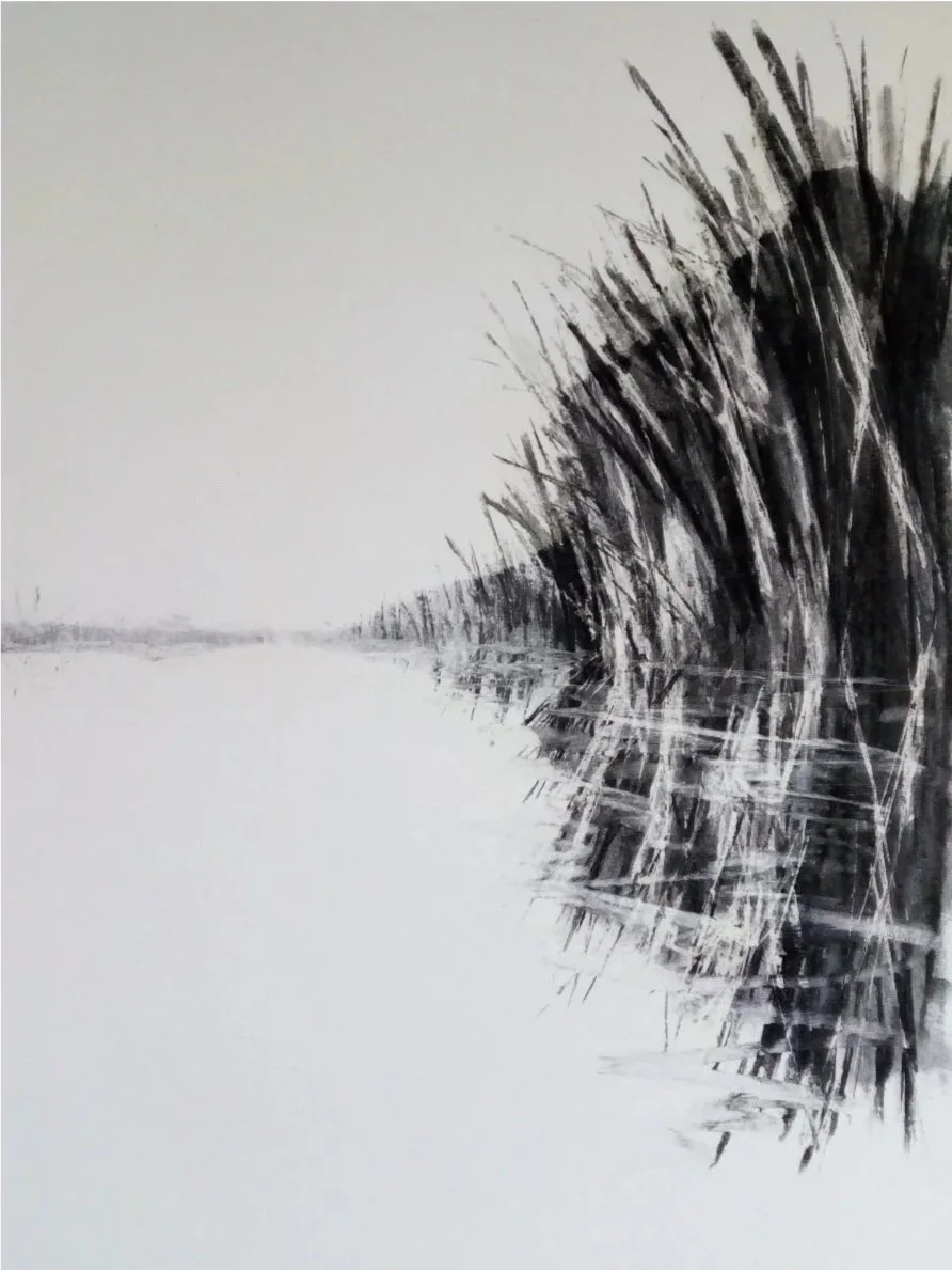 Black and white abstract landscape featuring tall grasses or reeds near water, with reflections on the surface.