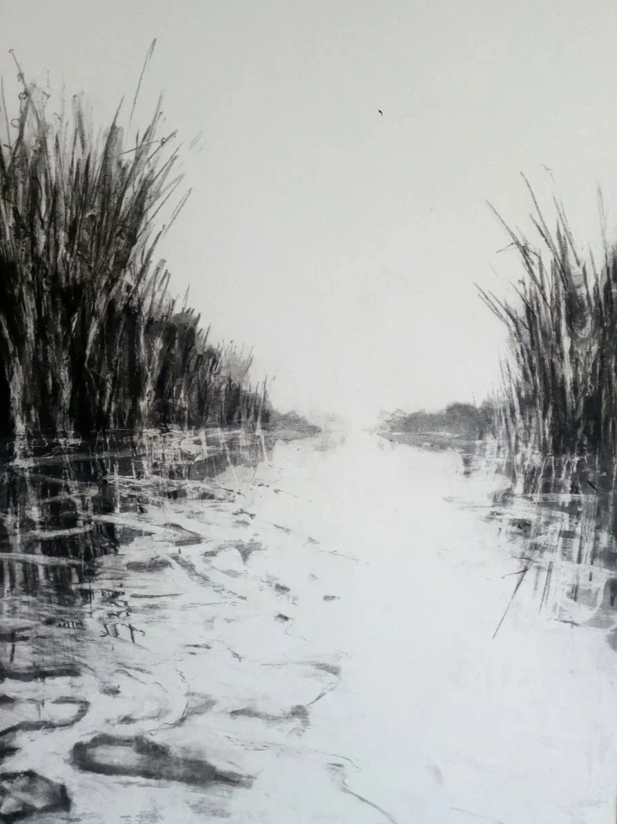 Black and white watercolor painting of a river with tall grass on both sides and reflections in the water.