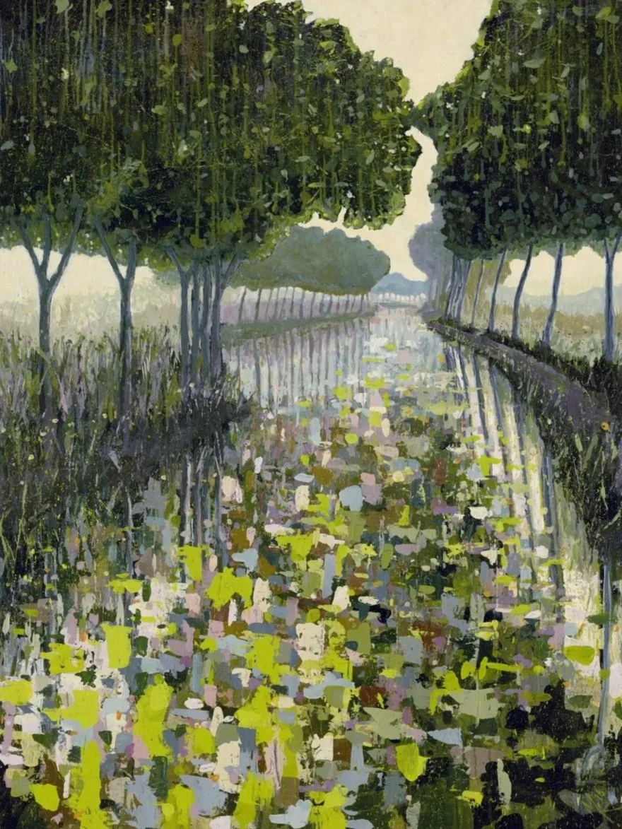 A painting of a canal with water lilies, lined by trees on both sides, reflecting in the water.