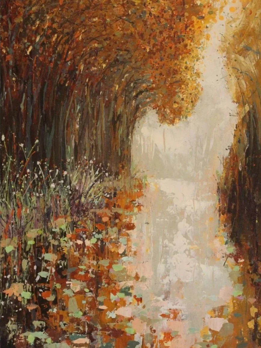 Autumn landscape painting of a pathway through a forest with colorful fall leaves and their reflections on a water surface.