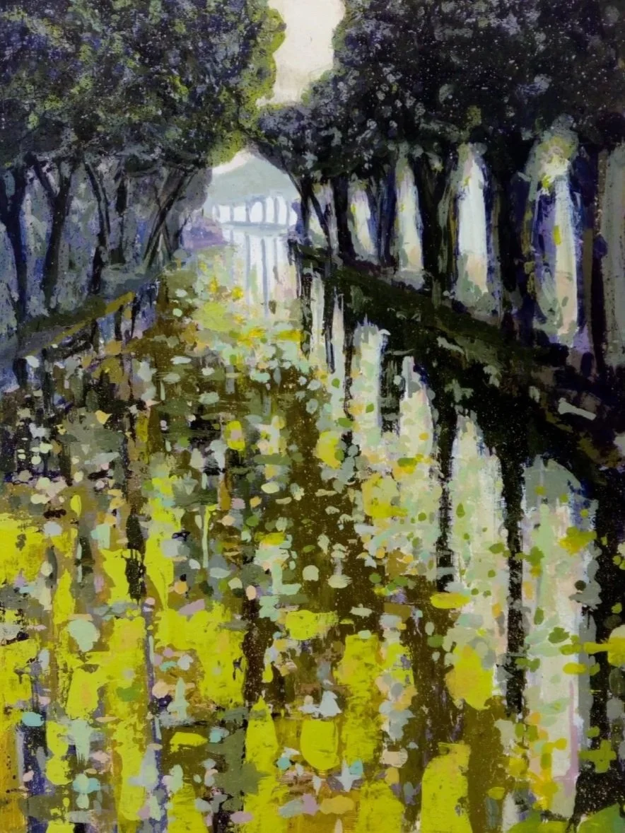 Watercolor painting of a pathway lined with trees on both sides, reflecting in a puddle, with a bridge or structure in the background.