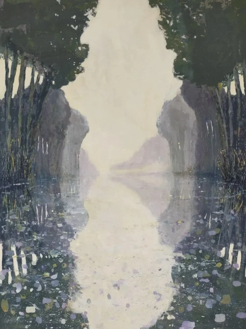 A misty landscape painting of a river flowing between rocky cliffs, framed by dense trees on both sides, with a soft, foggy atmosphere.