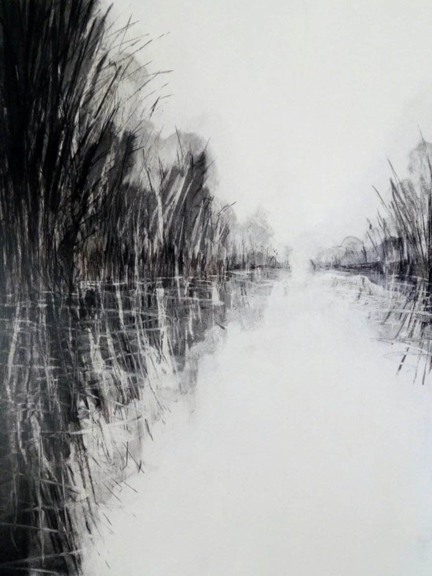 Black and white landscape drawing of a river with trees along the banks, with their reflections in the water, and a foggy sky.