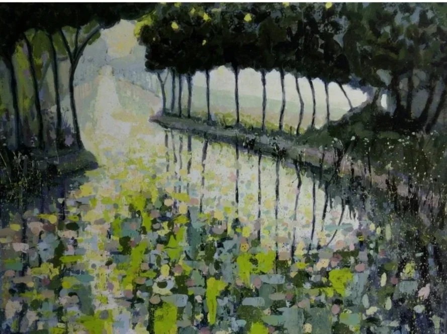 A painted scene of a river with trees on both sides, reflecting in the water, and a canopy of dark green leaves overhead.