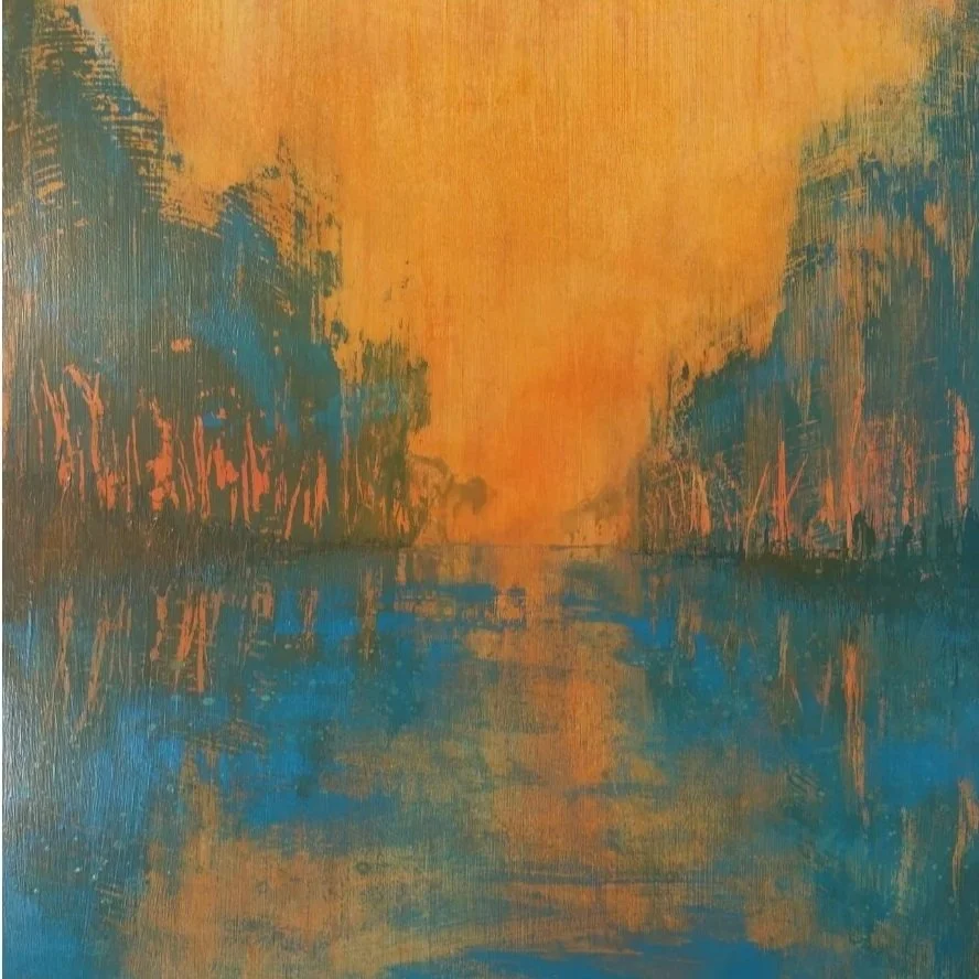 An abstract landscape painting depicting a sunset over a body of water with trees on either side, using warm orange and yellow tones with cool blue and green reflections.