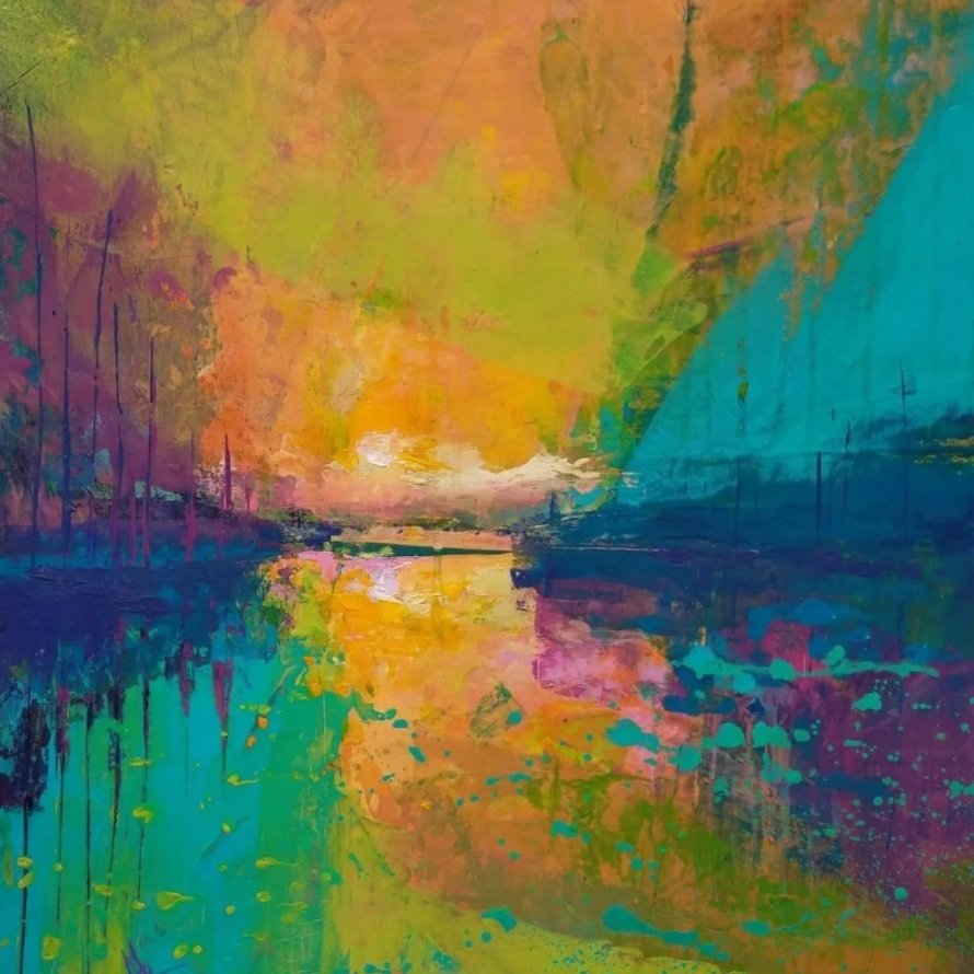 Abstract colorful painting featuring a mix of vibrant colors including green, orange, pink, blue, and purple with splashes and strokes that resemble a landscape scene with water and sky reflections.